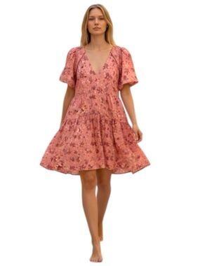 Elan Dusty Rose Floral Tiered Dress V-Neck Short Sleeve Pockets Boho Feminine S